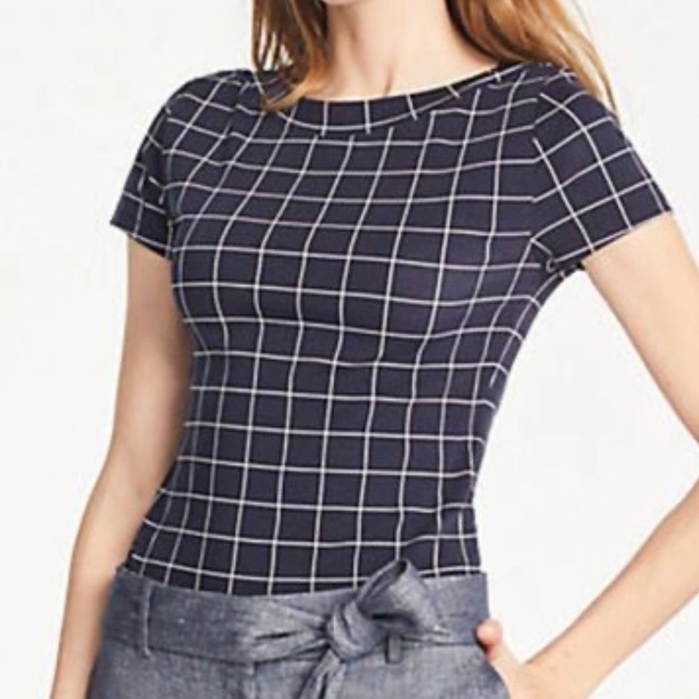 Ann Taylor Windowpane Boatneck Luxe Tee in Navy